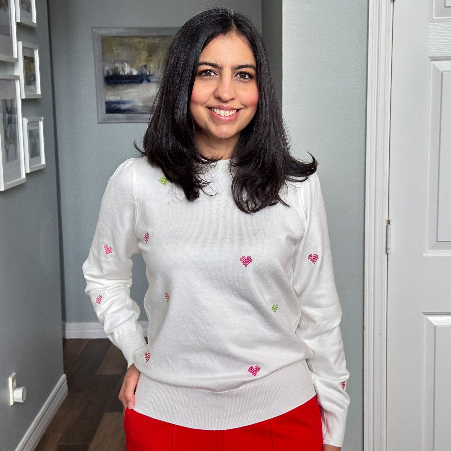 Cross-stitch Heart Pullover Sweater Cream