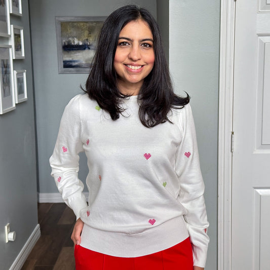 Cross-stitch Heart Pullover Sweater Cream