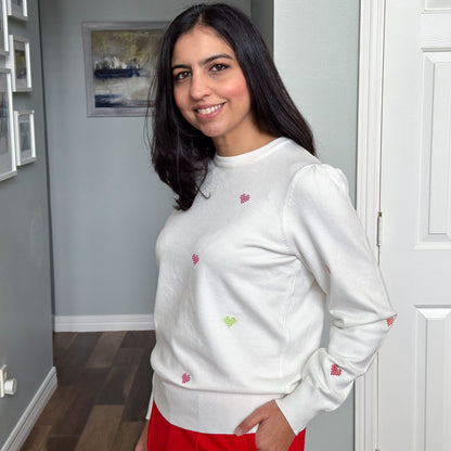 Cross-stitch Heart Pullover Sweater Cream