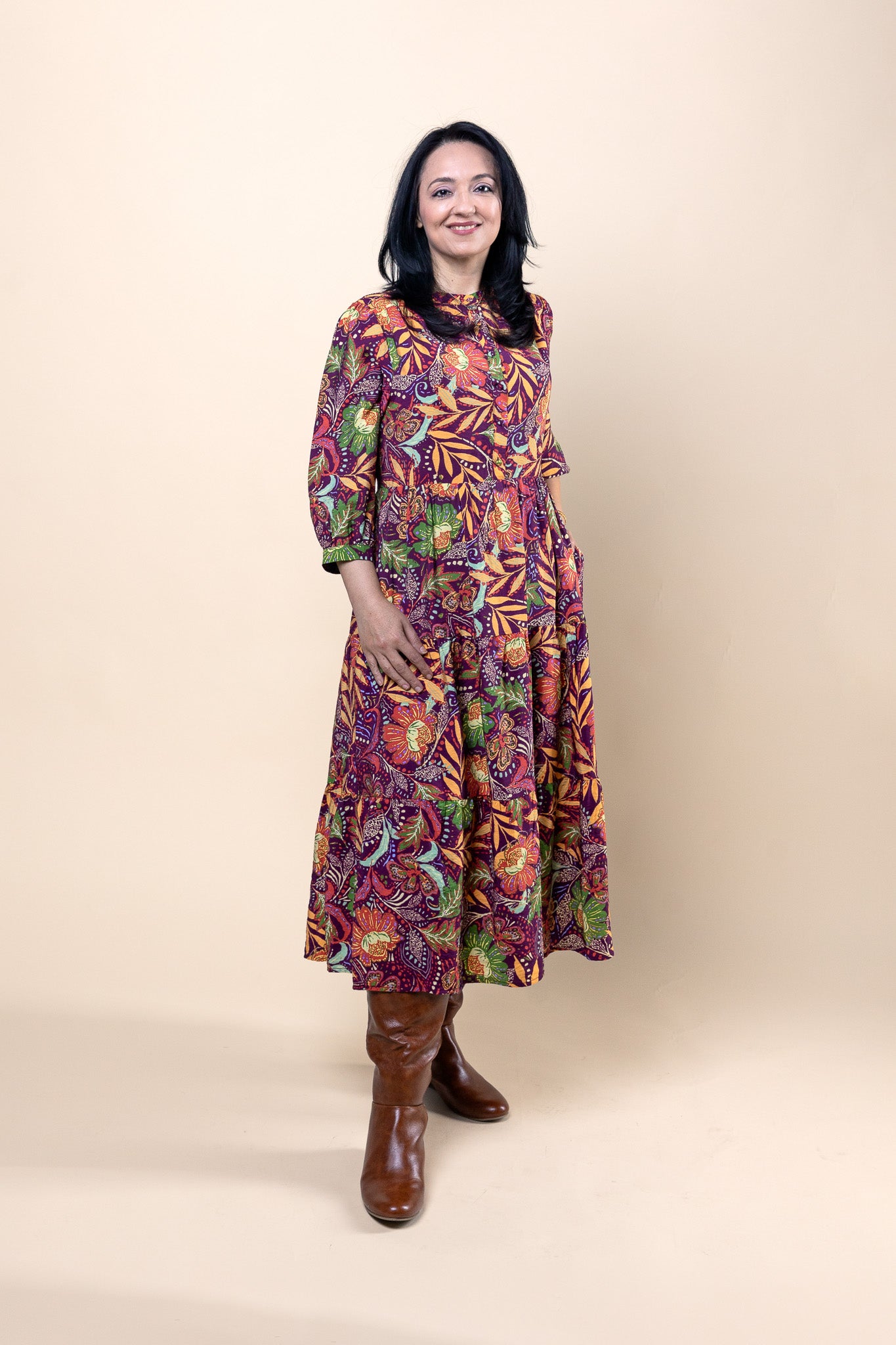 3/4 Sleeve Midi Dress Burgundy Print