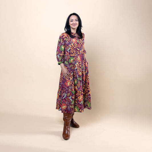 3/4 Sleeve Midi Dress Burgundy Print