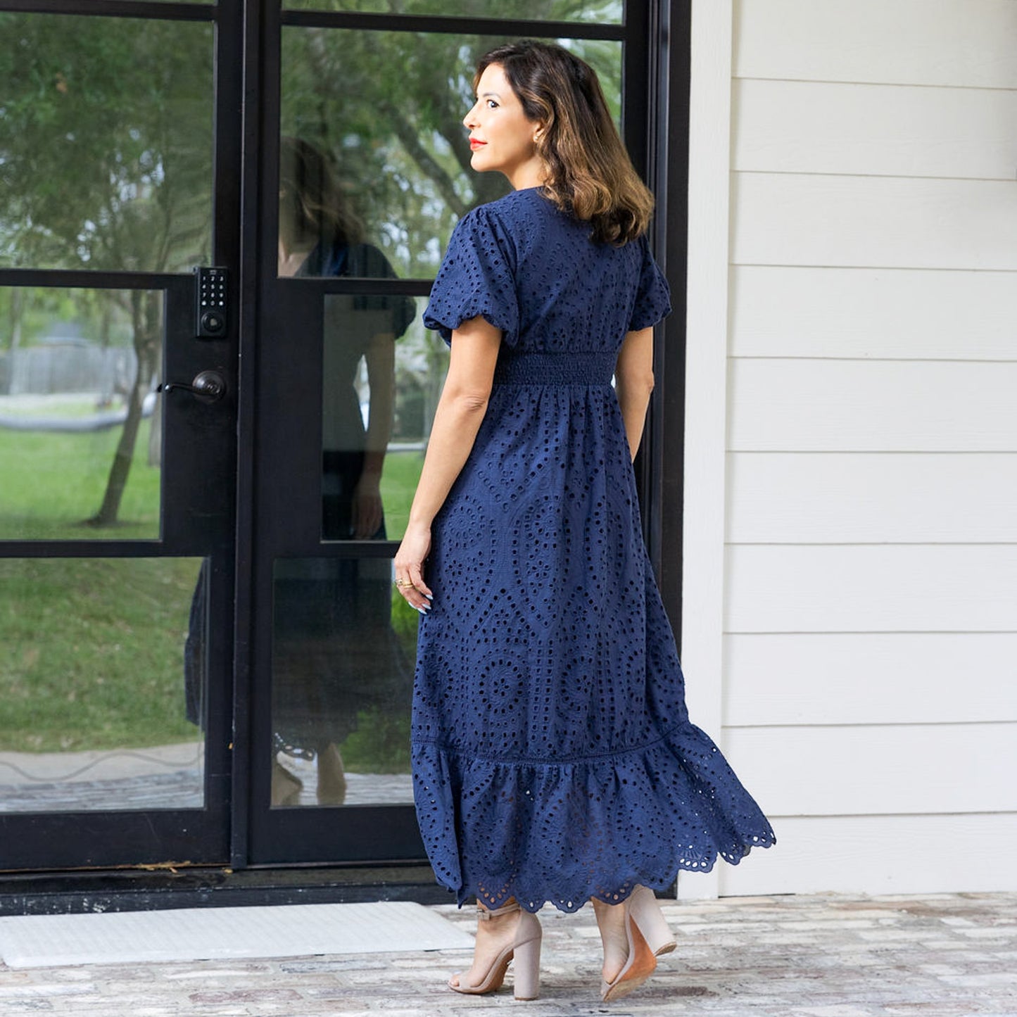 Eyelet Short Sleeve Maxi Dress Navy Blue