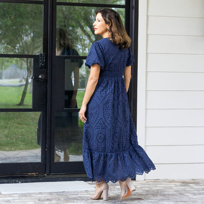 Eyelet Short Sleeve Maxi Dress Navy Blue