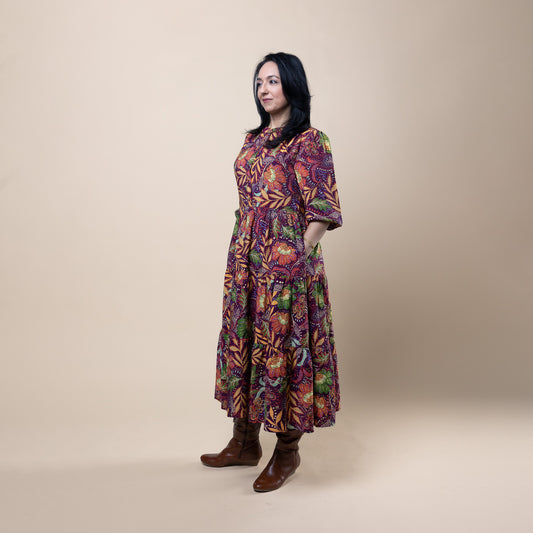 3/4 Sleeve Midi Dress Burgundy Print