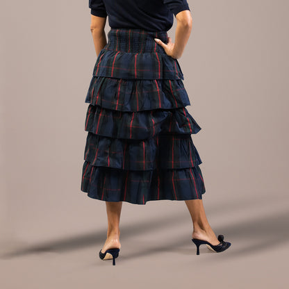 Tartan Tiered Midi Skirt Navy