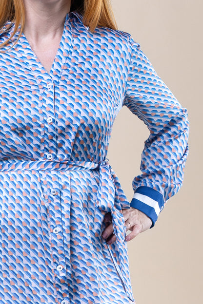 Long Sleeve Midi Dress Geo Print Blue