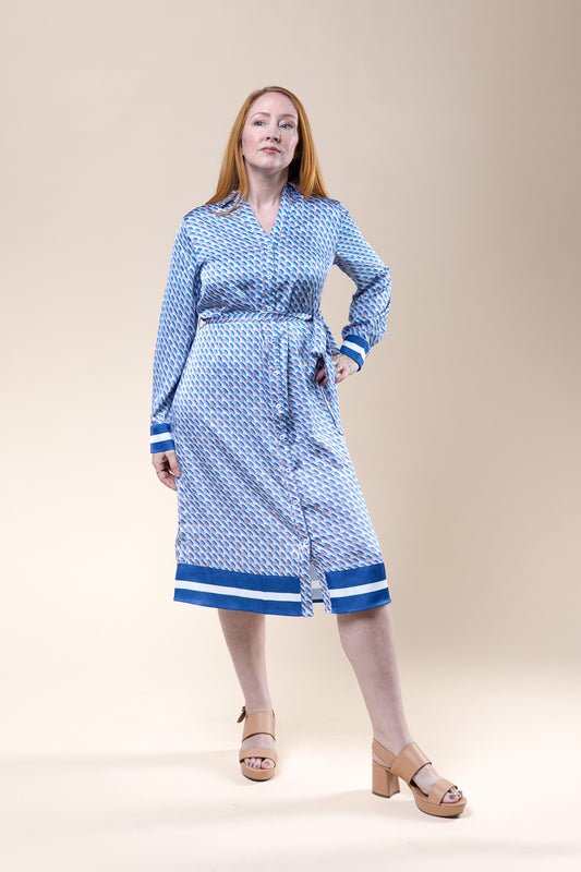 Long Sleeve Midi Dress Geo Print Blue