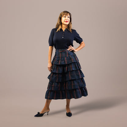 Tartan Tiered Midi Skirt Navy