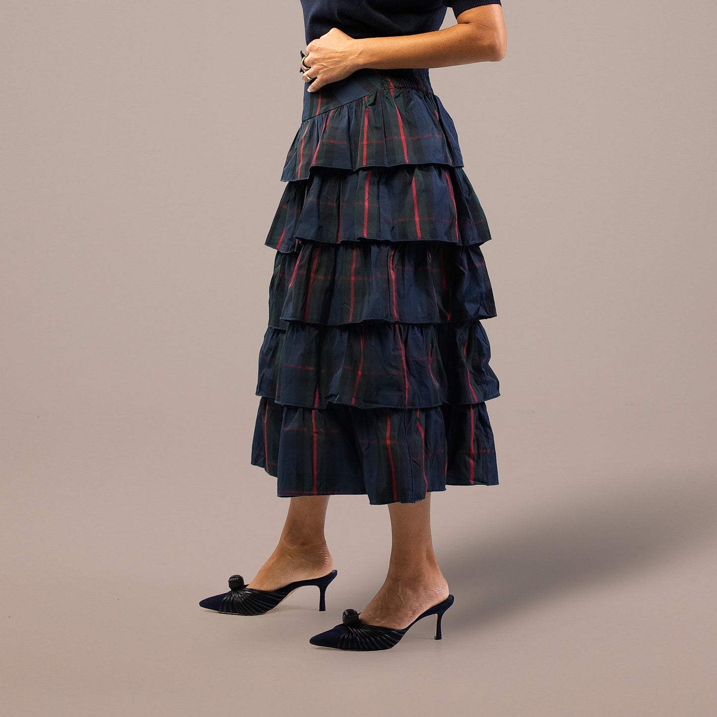Tartan Tiered Midi Skirt Navy