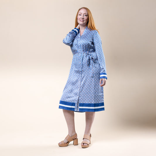 Long Sleeve Midi Dress Geo Print Blue