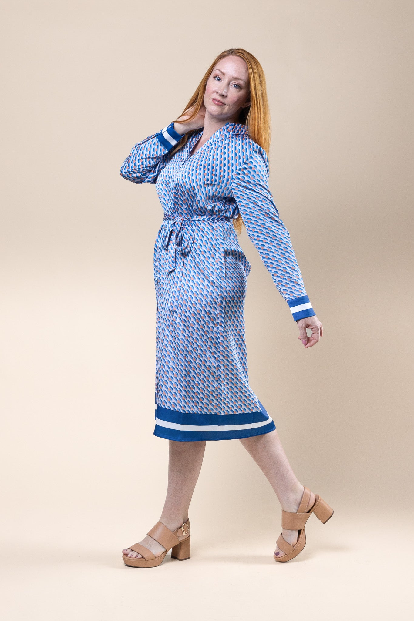 Long Sleeve Midi Dress Geo Print Blue