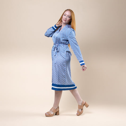 Long Sleeve Midi Dress Geo Print Blue