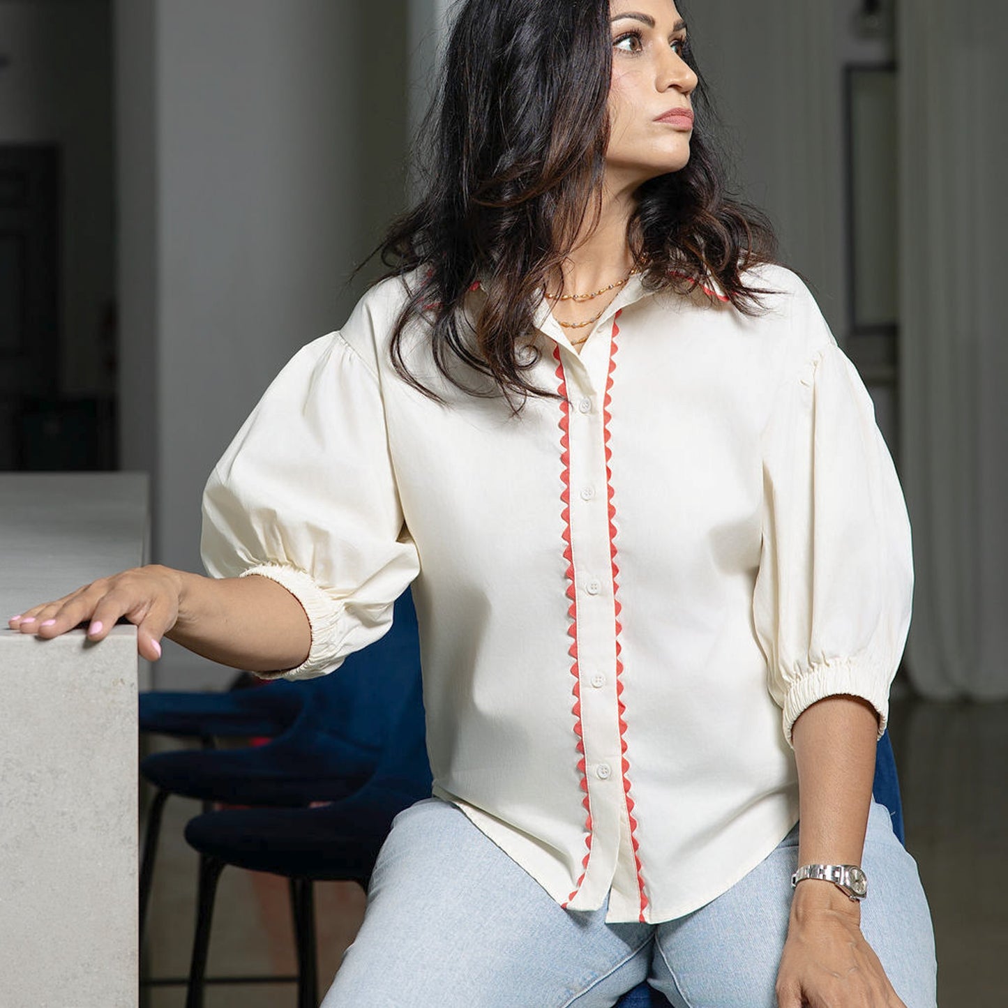 Short Sleeve Button Down Shirt Ric Rac Trim Cream