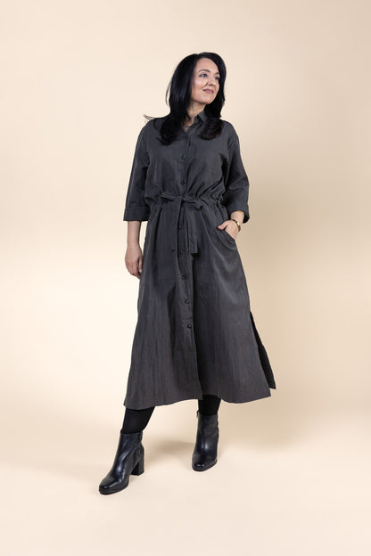 Long Sleeve Utility Shirt Dress Charcoal