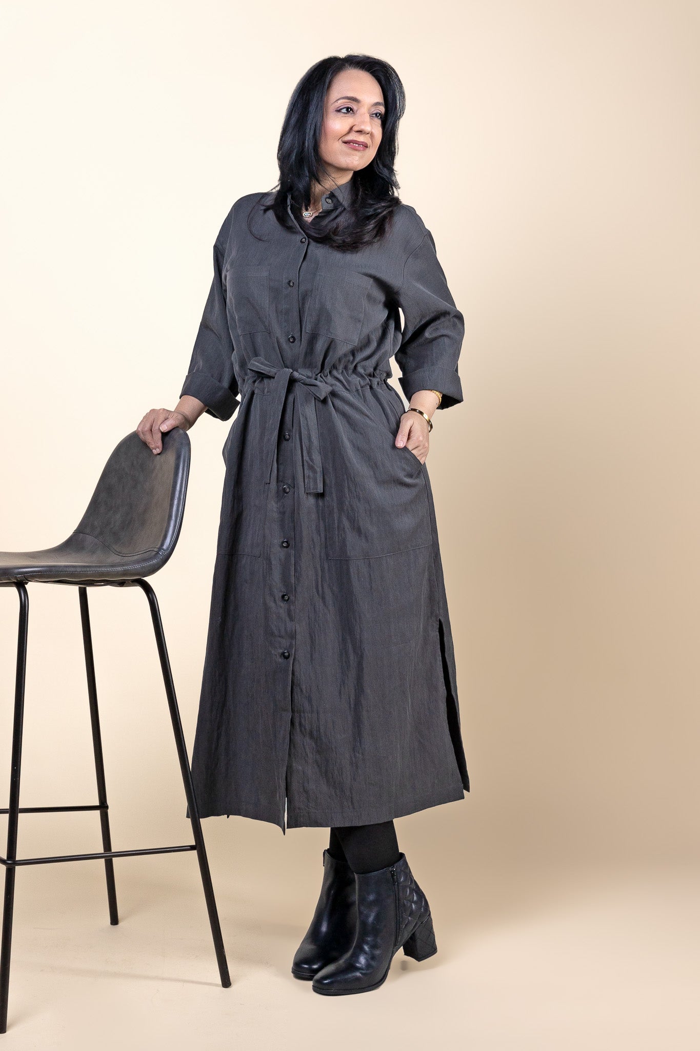 Long Sleeve Utility Shirt Dress Charcoal