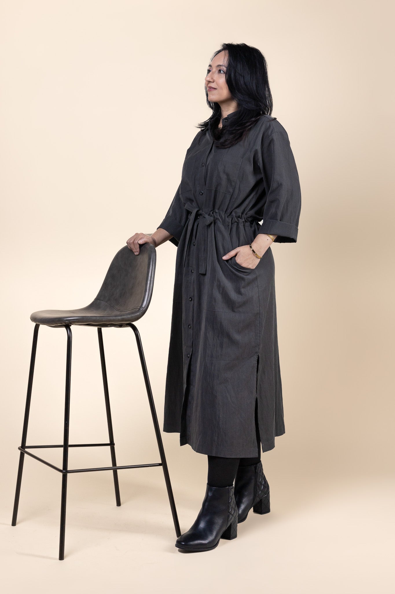 Long Sleeve Utility Shirt Dress Charcoal