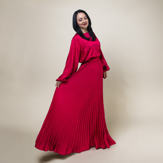 Pleated Bottom Maxi Dress With Batwing Long Sleeve