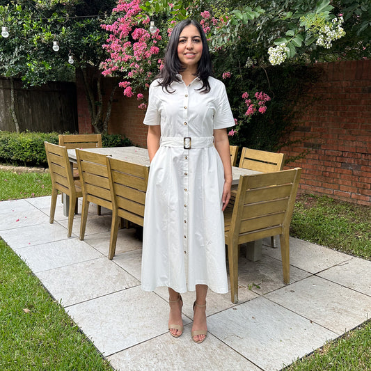 A-Line Short Sleeve Midi Shirt Dress White