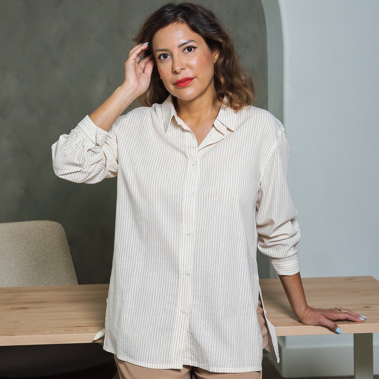 Button Down Long Sleeve Shirt Beige Stripe Button Detail