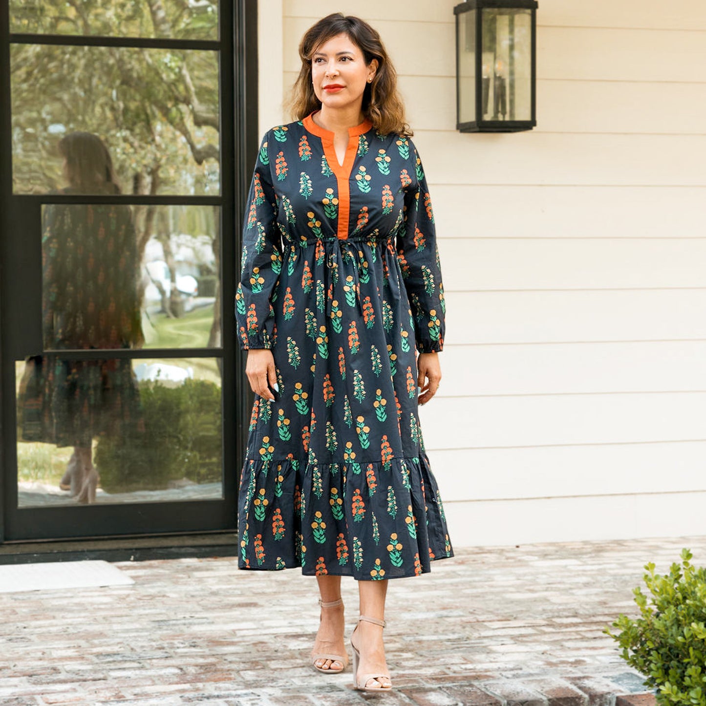 Midi Dress Long Sleeve Floral Print Black