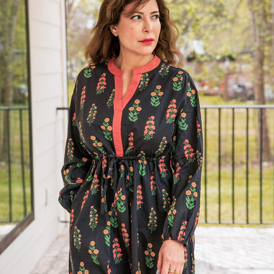 Midi Dress Long Sleeve Floral Print Black