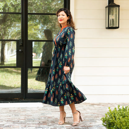 Midi Dress Long Sleeve Floral Print Black