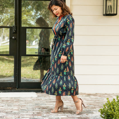 Midi Dress Long Sleeve Floral Print Black