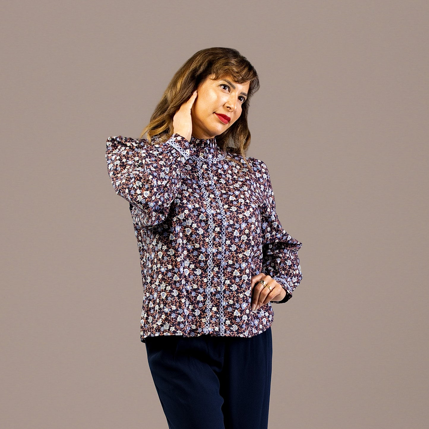 Floral Button Down Long Sleeve Shirt Blue