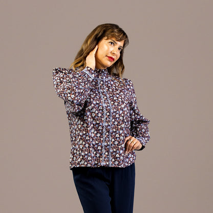 Floral Button Down Long Sleeve Shirt Blue
