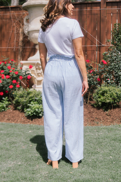 Blue and White Striped Wide Leg Pants