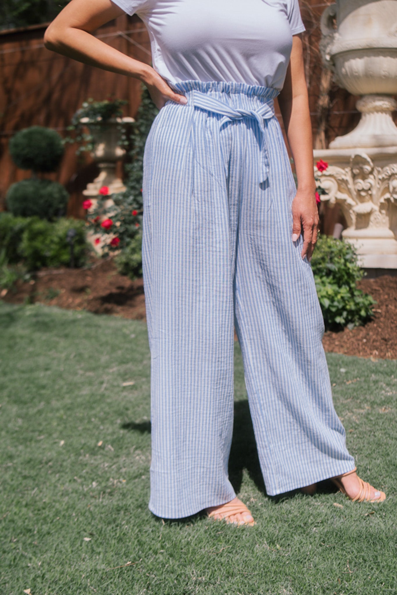 Blue and White Striped Wide Leg Pants