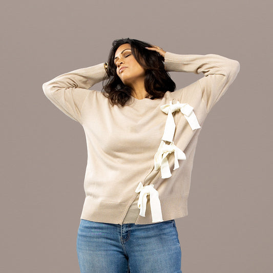 Asymmetrical Bow Sweater Beige