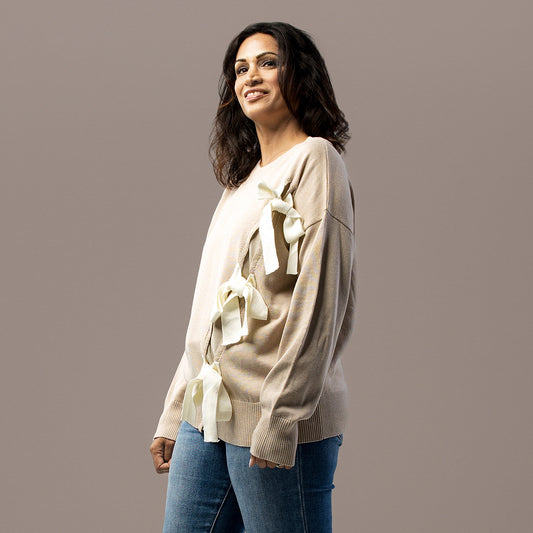 Asymmetrical Bow Sweater Beige