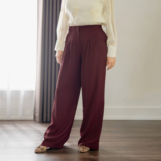 Pleated Wide Leg Trousers Burgundy