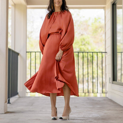 Long Cape Sleeve Midi Satin Dress Bronze