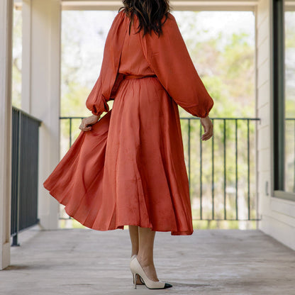 Long Cape Sleeve Midi Satin Dress Bronze