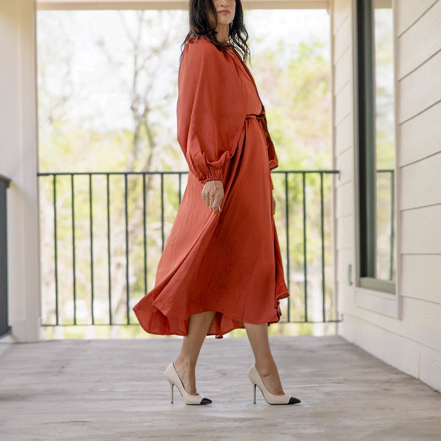 Long Cape Sleeve Midi Satin Dress Bronze