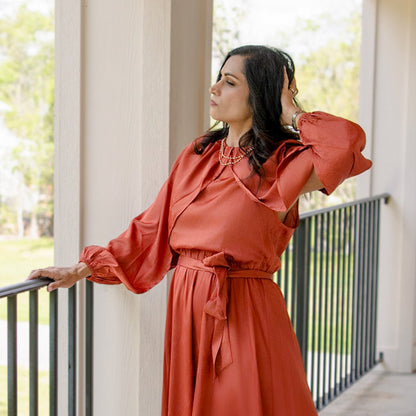 Long Cape Sleeve Midi Satin Dress Bronze