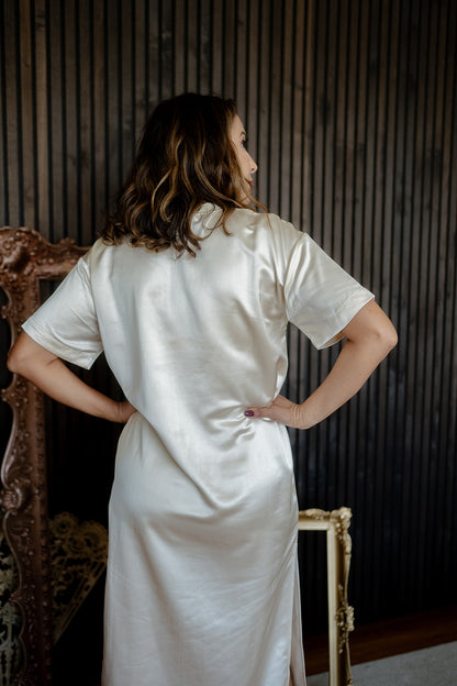 Short Sleeve Satin Column Maxi Dress Ivory