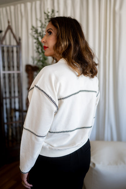 Cream Sweatshirt Black Crochet Stripes