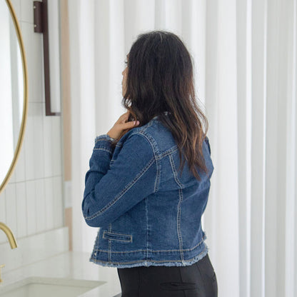 Long Sleeve Cropped Denim Jacket with Frayed Trim
