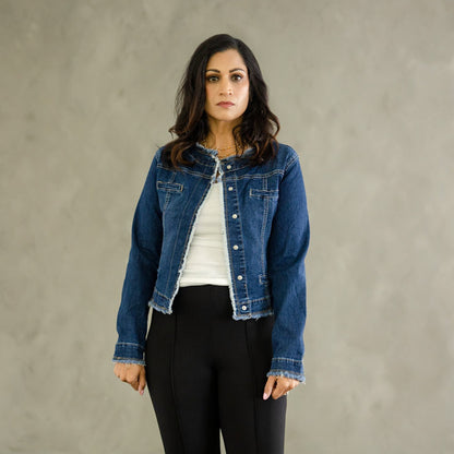 Long Sleeve Cropped Denim Jacket with Frayed Trim