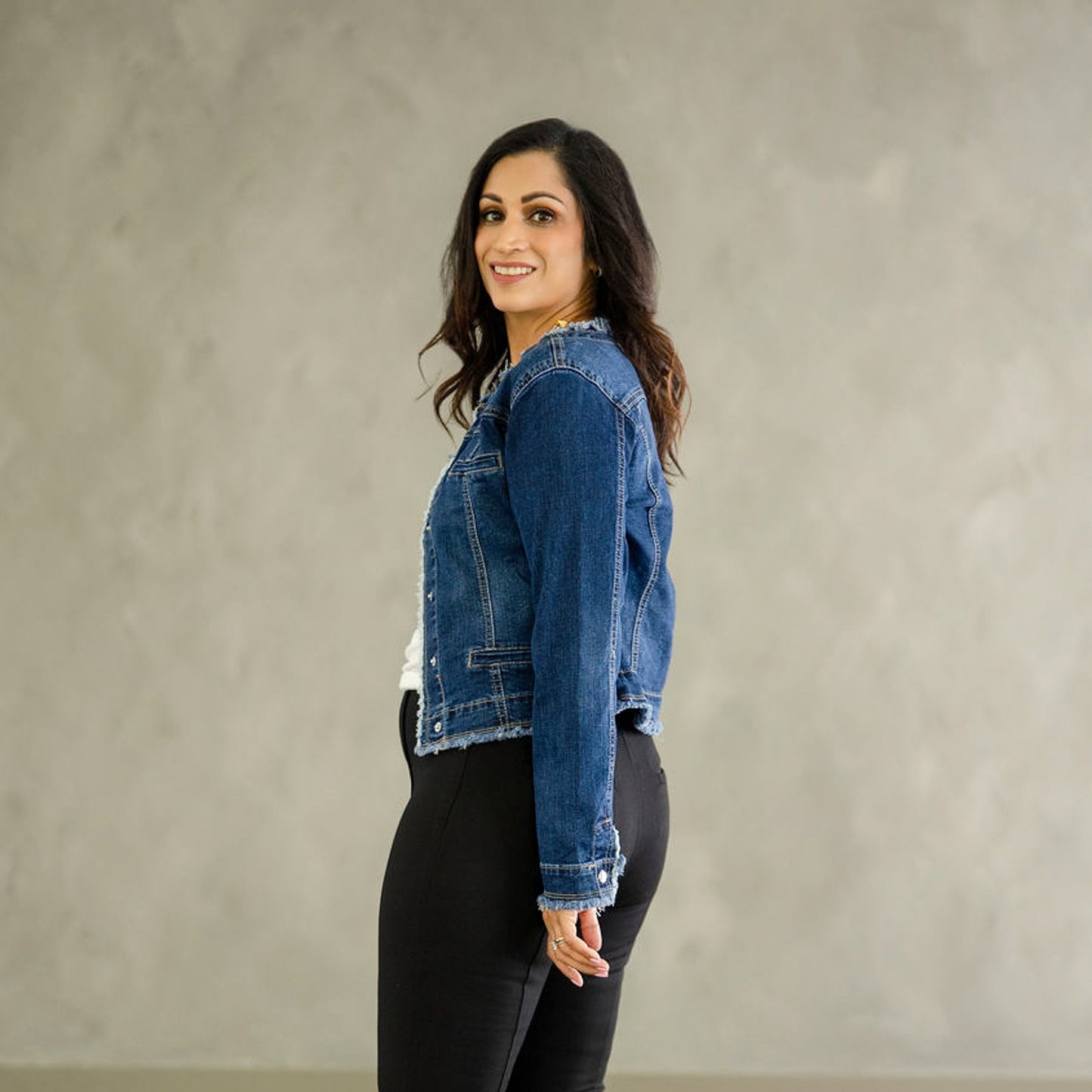 Long Sleeve Cropped Denim Jacket with Frayed Trim