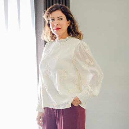 Floral Embroidered Long Sleeve Top Ivory