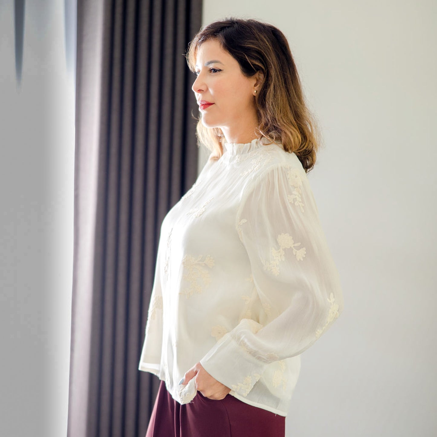 Floral Embroidered Long Sleeve Top Ivory