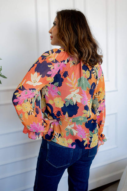 Long Sleeve Tie Neck Floral Print Top