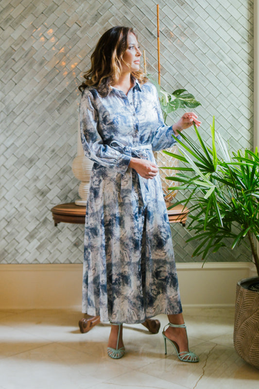 Long Sleeve Maxi Dress Abstract Print Gray