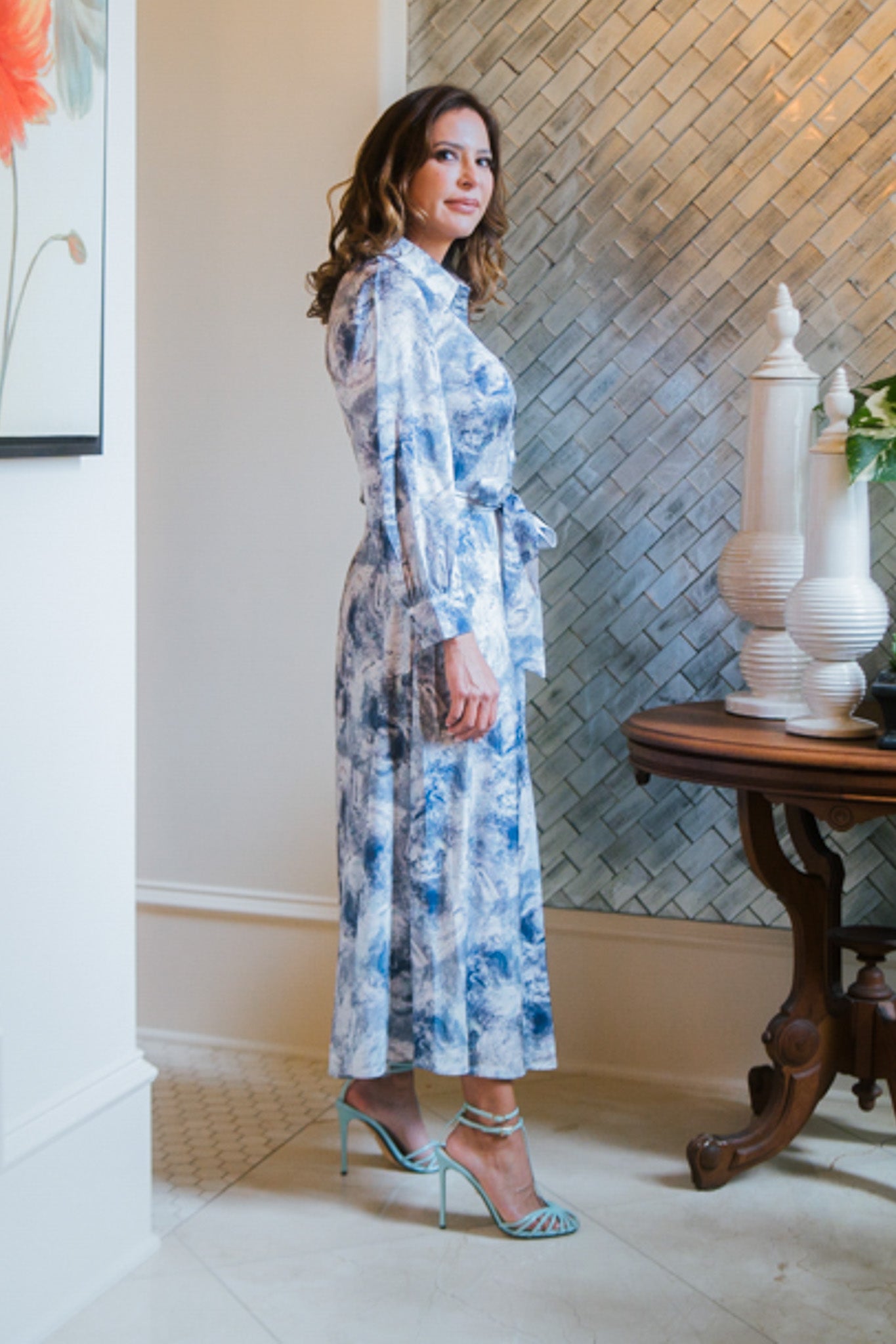 Long Sleeve Maxi Dress Abstract Print Gray