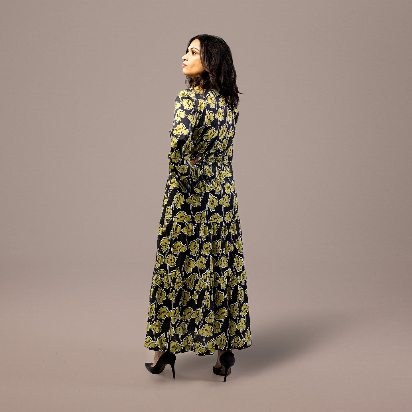 Maxi Dress Long Sleeve Floral Print Gray Green