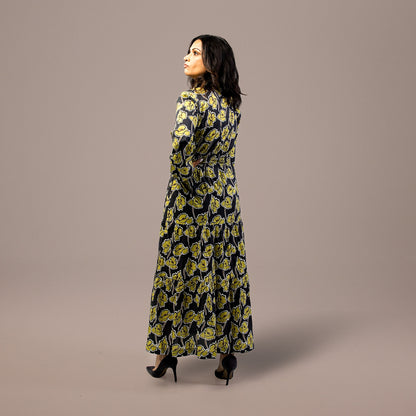 Maxi Dress Long Sleeve Floral Print Gray Green